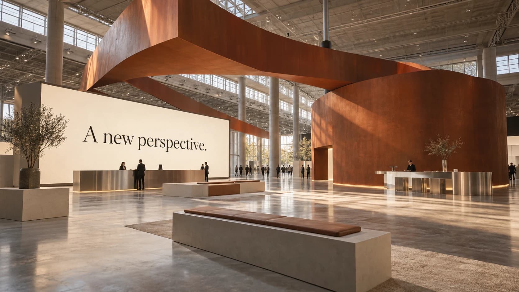 Architectural exhibition concept featuring a terracotta canopy and a clear, expansive welcome area.