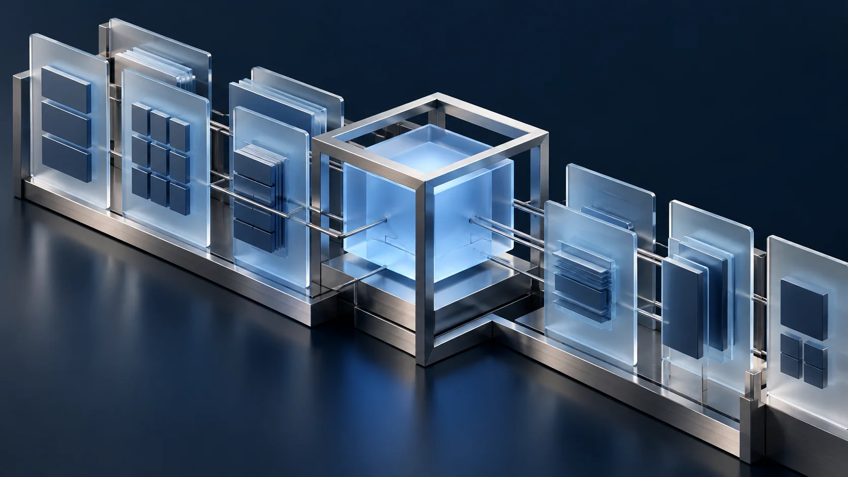 Conceptual information architecture with structured data panels connected through a controlled central core.