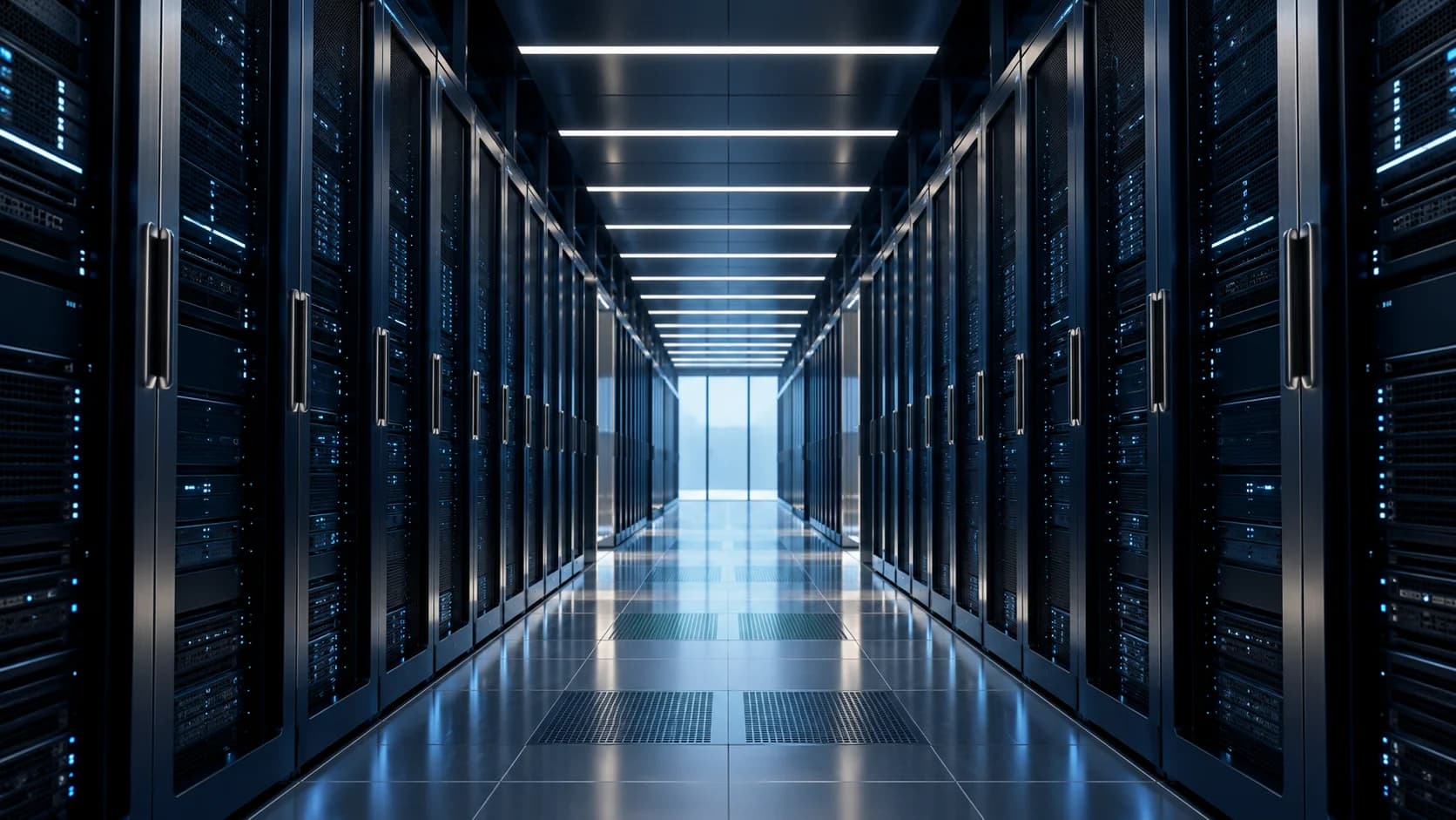 Conceptual visualization of a data-center corridor, not an Irvine Solution facility.
