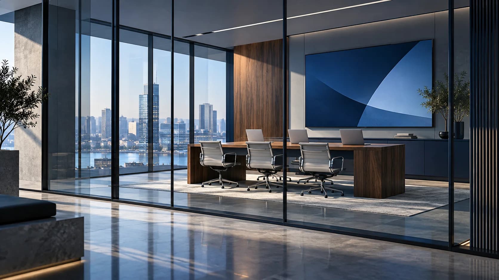 Illustrative modern workplace with unbranded devices and a shared display; not a photograph of company premises.
